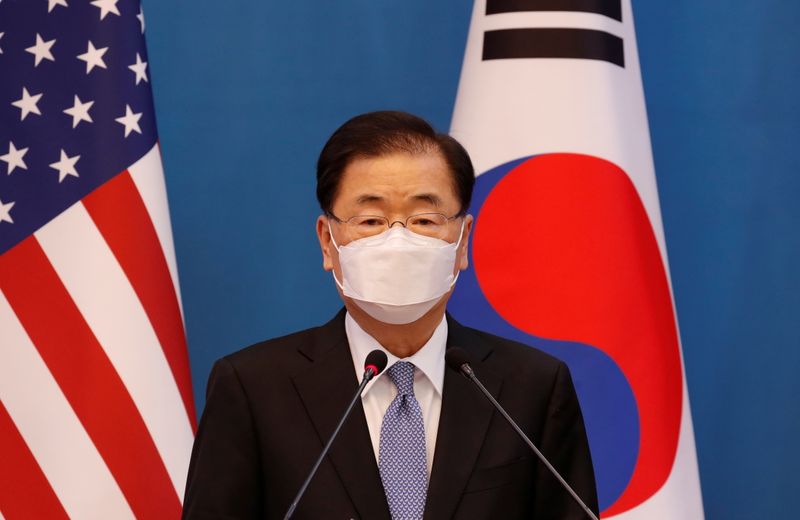 © Reuters. وزير الخارجية الكوري الجنوبي تشونج إيوي-يونج في سول يوم 18 مارس اذار 2021. صورة من ممثل لوكالات الأنباء. 