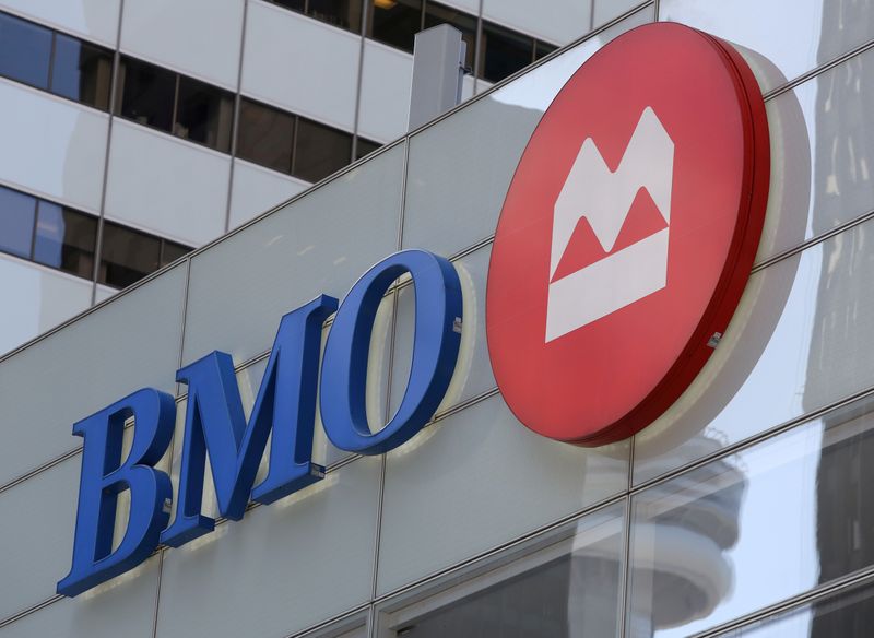 © Reuters. FILE PHOTO: The logo of the Bank of Montreal (BMO) is seen on their flagship location on Bay Street in Toronto, Ontario, Canada March 16, 2017. Picture taken March 16, 2017.   REUTERS/Chris Helgren/File Photo