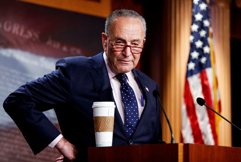 &copy; Reuters. FILE PHOTO: U.S. Senate Majority Leader Chuck Schumer takes questions as he discusses the Senate passage of the bipartisan infrastructure bill and the budget resolution during a news conference at the U.S. Capitol in Washington, U.S., August 11, 2021. REU