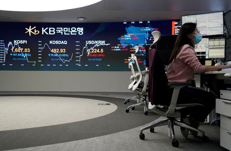&copy; Reuters. FILE PHOTO: A currency dealer works in front of an electronic board showing the Korea Composite Stock Price Index (KOSPI) at a dealing room of a bank in Seoul, South Korea, March 13, 2020. REUTERS/Kim Hong-Ji