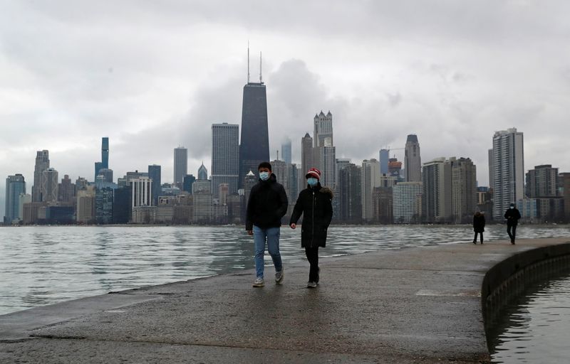 &copy; Reuters. FILE PHOTO: People wearing protective face masks walk, as the global outbreak of the coronavirus disease (COVID-19) continues, along the shores of Lake Michigan in Chicago, Illinois, U.S., December 6, 2020. REUTERS/Shannon Stapleton