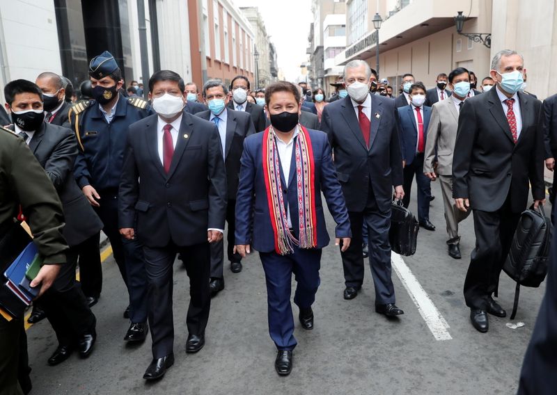 © Reuters. Prime Minister Guido Bellido arrives to face a critical vote of no confidence by the opposition-led Congress, in Lima, Peru August 26, 2021. REUTERS/Sebastian Castaneda