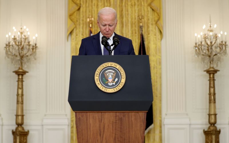 &copy; Reuters. U.S. President Joe Biden reacts during a moment of silence for the dead as he delivers remarks about Afghanistan, from the East Room of the White House in Washington, U.S. August 26, 2021. REUTERS/Jonathan Ernst