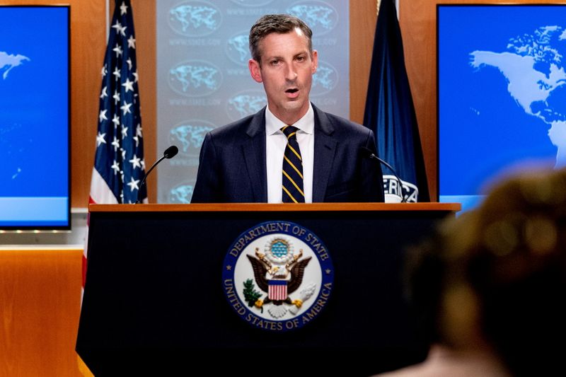 &copy; Reuters. FILE PHOTO: State Department spokesman Ned Price speaks on the situation in Afghanistan at the State Department in Washington, DC, U.S. August 18, 2021. Andrew Harnik/Pool via REUTERS/File Photo