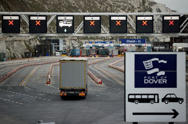 &copy; Reuters. FILE PHOTO: A truck drives towards the entrance to the Port of Dover, following the end of the Brexit transition period, in Dover, Britain, January 15, 2021. REUTERS/John Sibley//File Photo