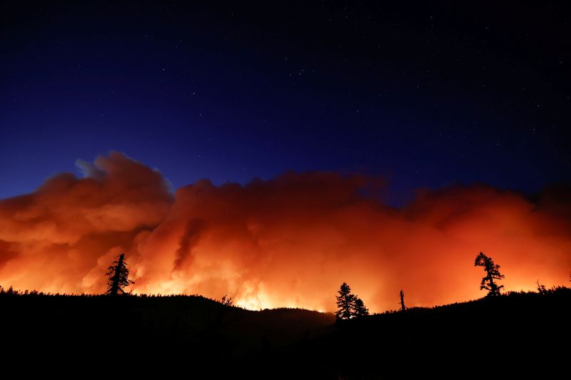 &copy; Reuters. Caldor Fire burns near Pioneer, California, U.S., August 29, 2021. REUTERS/Fred Greaves