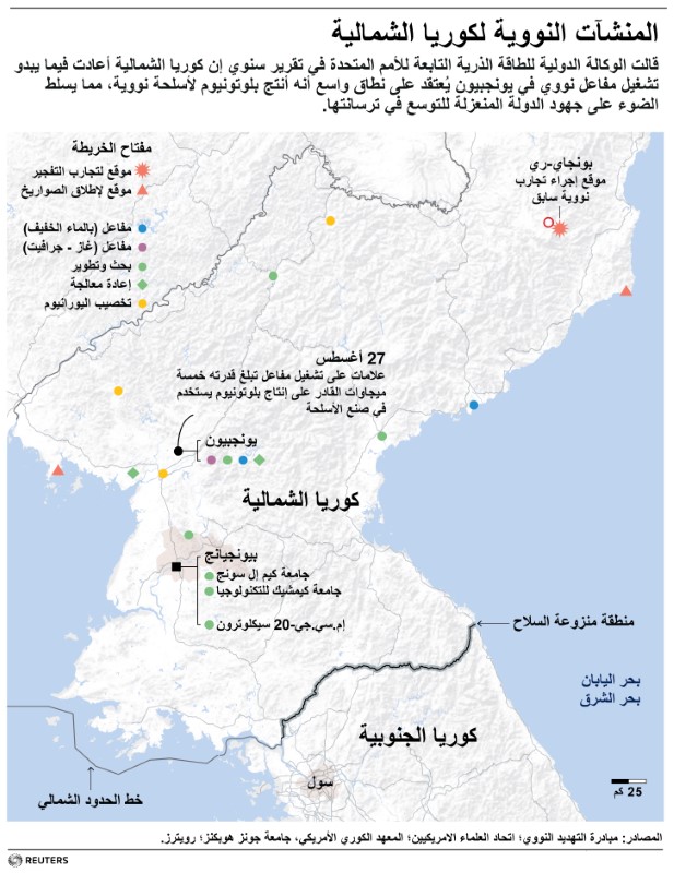 © Reuters. خريطة توضح مواقع المنشآت النووية لكوريا الشمالية.