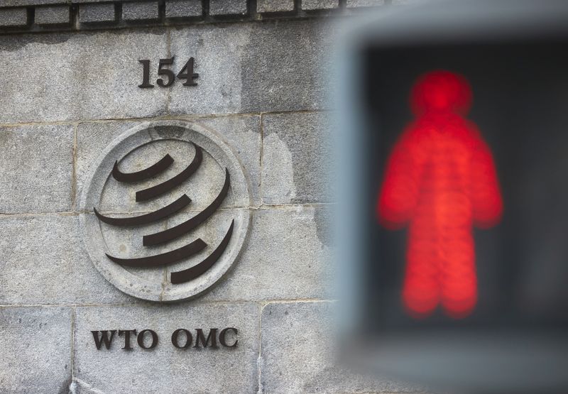 &copy; Reuters. FILE PHOTO: A logo is pictured on the World Trade Organisation (WTO) building before a ministerial meeting to discuss a draft agreement on curbing subsidies for the fisheries industry in Geneva, Switzerland, July 15, 2021. REUTERS/Denis Balibouse