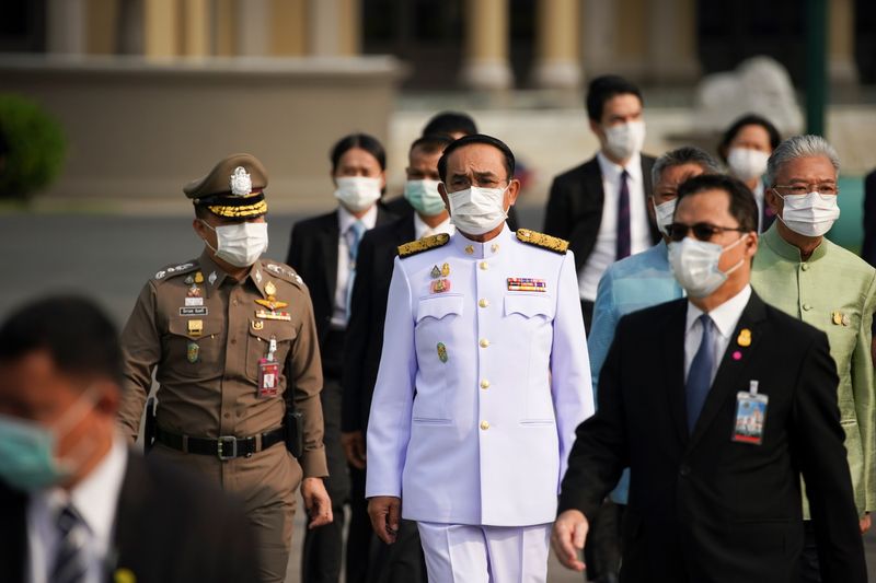 &copy; Reuters. FILE PHOTO: Thailand's Prime Minister Prayuth Chan-ocha arrives before a family photo session with new cabinet ministers at the Government House in Bangkok, Thailand, March 30, 2021. REUTERS/Athit Perawongmetha
