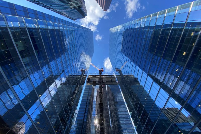 &copy; Reuters. FILE PHOTO: A construction crane is seen above Brookfield's Bay Adelaide North, the third office tower to be constructed at their Bay Adelaide Centre complex property in Toronto, Ontario, Canada April 14, 2021. Picture taken April 14, 2021.  REUTERS/Chris