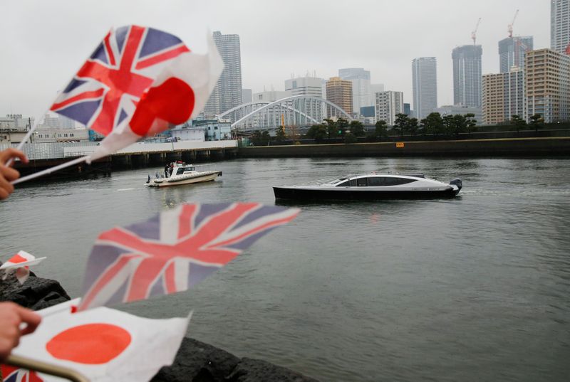 &copy; Reuters. FILE PHOTO: School children wave Japanese and Union Flags (also known as the Union Jack) as a cruise boat carrying Britain's Prince William, Duke of Cambridge, arrives at the Hama Rikyu gardens in Tokyo February 26, 2015. REUTERS/Toru Hanai