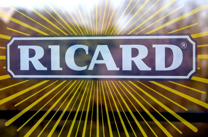 &copy; Reuters. A sticker with the logo of Ricard is seen on a door at the Ricard manufacturing unit in Lormont, near Bordeaux, France February 15, 2019. REUTERS/Regis Duvignau