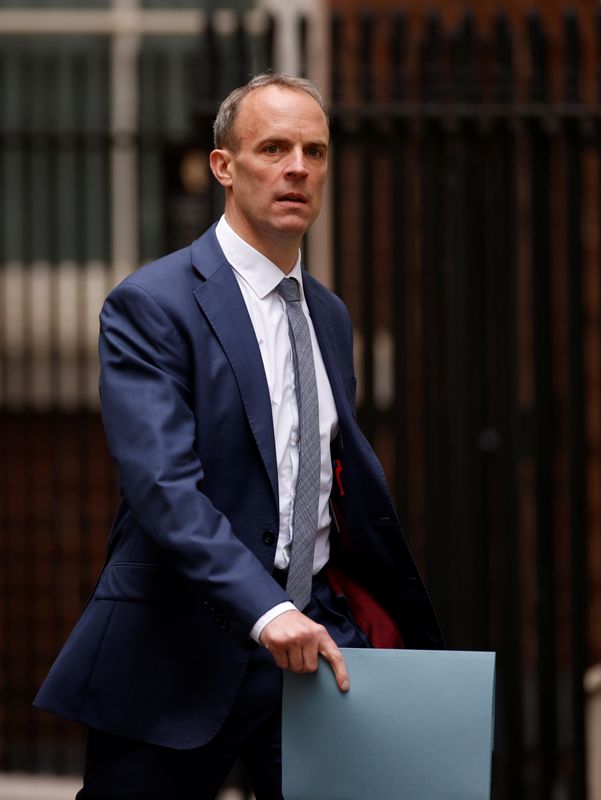 &copy; Reuters. Britain's Foreign Secretary Dominic Raab walks outside Downing Street in London, Britain, May 27, 2021. REUTERS/John Sibley - RC2EON96GZJ0