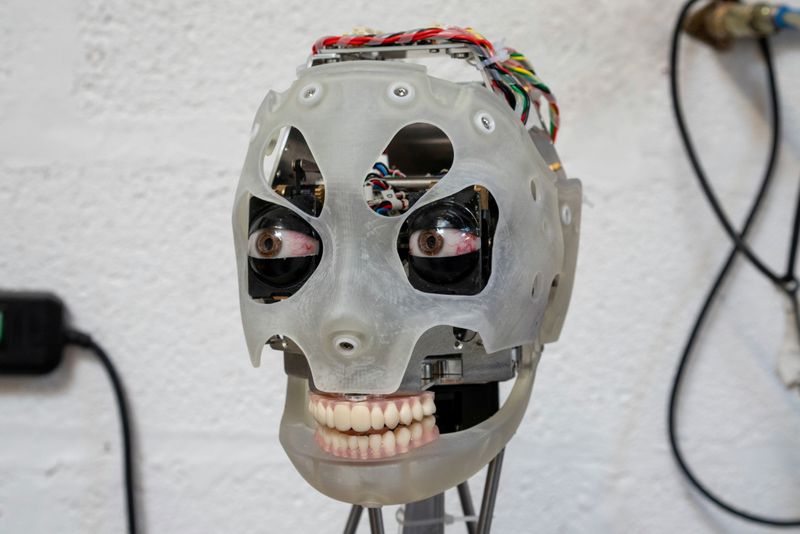 &copy; Reuters. FOTO DE ARCHIVO: La cabeza de Ai-Da, un robot humanoide capaz de dibujar personas usando sus ojos y mano biónicos, en las oficinas de la empresa de robótica Engineered Arts, en Falmouth, Cornualles, Gran Bretaña. 7 de febrero de 2019. Imagen tomada el 
