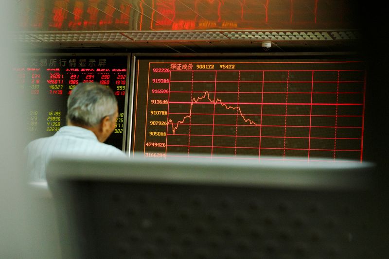 &copy; Reuters. FILE PHOTO: A man sits in front of a board showing market information at a securities brokerage house in Beijing, China August 5, 2019. REUTERS/Thomas Peter