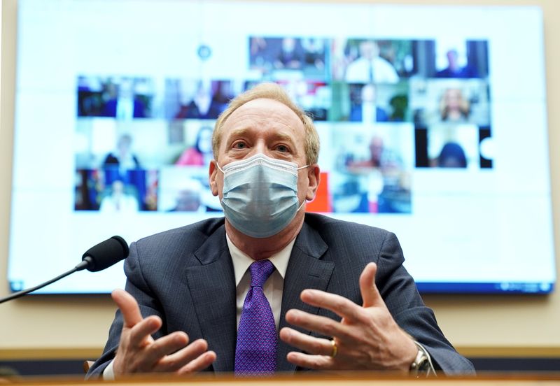 &copy; Reuters. FILE PHOTO: Microsoft President Brad Smith testifies at a House Judiciary Committee Antitrust, Commercial and Administrative Law Subcommittee hearing in Washington, U.S., March 12, 2021. REUTERS/Kevin Lamarque