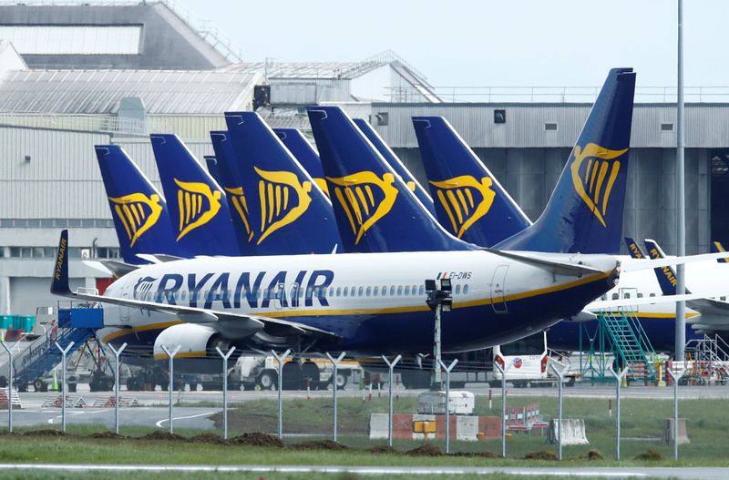 &copy; Reuters. FILE PHOTO: Ryanair planes are seen at Dublin Airport, following the outbreak of the coronavirus disease (COVID-19), Dublin, Ireland, May 1, 2020. REUTERS/Jason Cairnduff