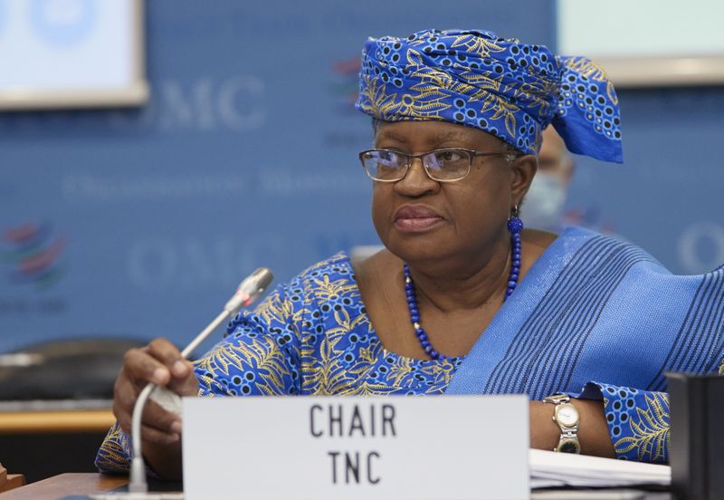 &copy; Reuters. FILE PHOTO: World Trade Organisation (WTO) Director-General Ngozi Okonjo-Iweala arrives for a WTO ministerial meeting to discuss a draft agreement on curbing subisidies for the fisheries industry at the WTO headquarters in Geneva, Switzerland, July 15, 20