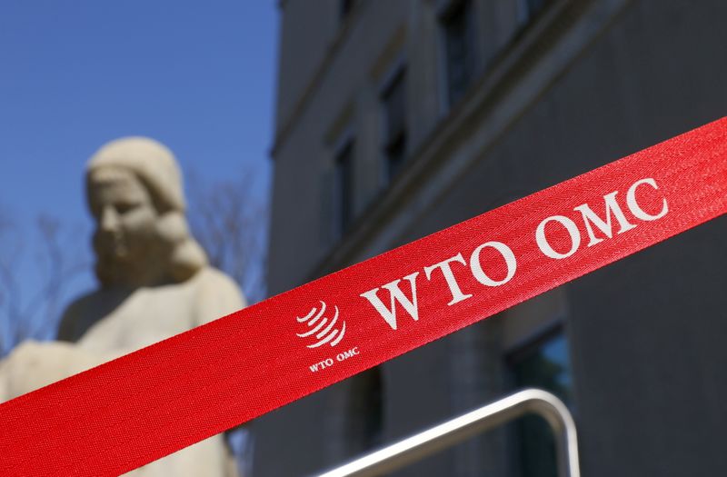 &copy; Reuters. FILE PHOTO: A logo is pictured outside the World Trade Organization (WTO) building in Geneva, Switzerland, April 1, 2021. Picture taken April 1, 2021. REUTERS/Denis Balibouse/File Photo