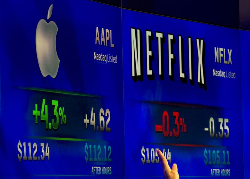© Reuters. Logos de Apple e Netflix em painel na Nasdaq, em Nova York (EUA) 
02/09/2015
REUTERS/Brendan McDermid