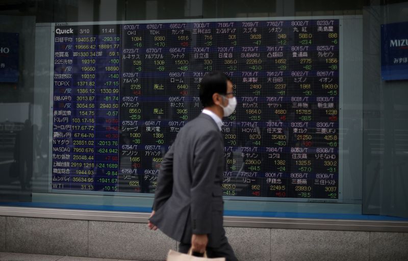 &copy; Reuters. FILE PHOTO: A man wearing protective face mask, following an outbreak of the coronavirus disease (COVID-19), walks in front of a stock quotation board outside a brokerage in Tokyo, Japan, March 10, 2020. REUTERS/Stoyan Nenov