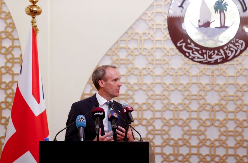 &copy; Reuters. Foto del jueves del ministro de Relaciones Exteriores británico, Dominic Raab, en una rueda de prensa en Doha, Qatar
Sep 2, 2021. REUTERS/Hamad l Mohammed