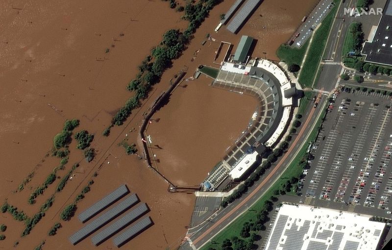 &copy; Reuters. FILE PHOTO: A satellite image shows TD Bank Ballpark submerged in floodwaters after Hurricane Ida swept through the Bridgewater Township in New Jersey.   Maxar Technologies/via REUTERS