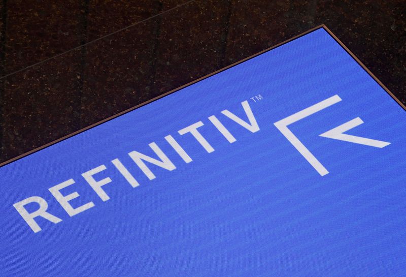 © Reuters. The Refinitiv logo is seen on a screen in offices in Canary Wharf in London, Britain August 1, 2019. REUTERS/Toby Melville/Files