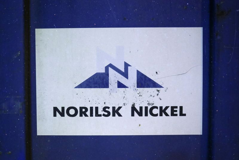 &copy; Reuters. A view shows the logo of Norilsk Nickel company at a non-operating smelting shop in the town of Nikel in Murmansk Region, Russia February 26, 2021. The smelter, which was the oldest production facility of Russian miner Norilsk Nickel, was closed in 2020 a