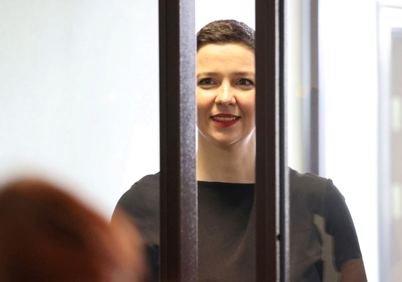 &copy; Reuters. FILE PHOTO: Belarusian opposition politician Maria Kolesnikova, charged with extremism and trying to seize power illegally, attends a court hearing in Minsk, Belarus August 4, 2021. Ramil Nasibulin/BelTA/Handout via REUTERS 