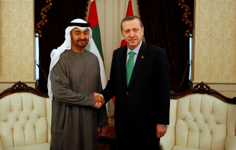 &copy; Reuters. FILE PHOTO: Abu Dhabi's Crown Prince Sheikh Mohammed bin Zayed Al Nahyan (L) shakes hands with Turkey's Prime Minister Recep Tayyip Erdogan before a meeting in Ankara February 28, 2012. REUTERS/Umit Bektas