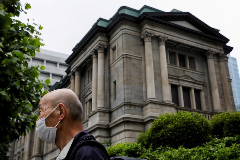 &copy; Reuters. FILE PHOTO: A man wearing a protective mask stands in front of the headquarters of Bank of Japan amid the coronavirus disease (COVID-19) outbreak in Tokyo, Japan, May 22, 2020.REUTERS/Kim Kyung-Hoon