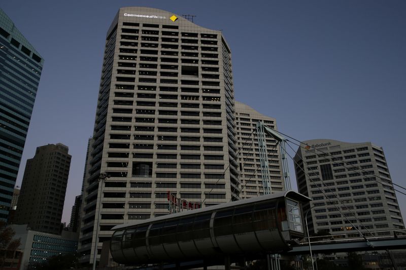 &copy; Reuters. Office buildings and the Commonwealth Bank logo are seen amidst the easing of the coronavirus disease (COVID-19) restrictions in the Central Business District of Sydney, Australia, June 3, 2020. Picture taken June 3, 2020.  REUTERS/Loren Elliott