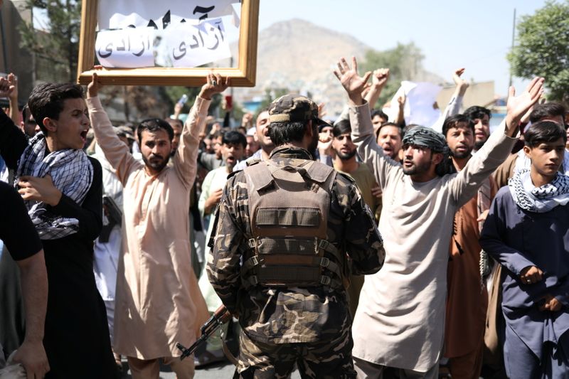 &copy; Reuters. أحد أفراد قوات طالبان يراقب مظاهرة احتجاج مناهضة لباكستان في العاصمة الأفغانية كابول يوم الثلاثاء.
(صورة لرويترز من وكالة غرب آسيا للأنباء -