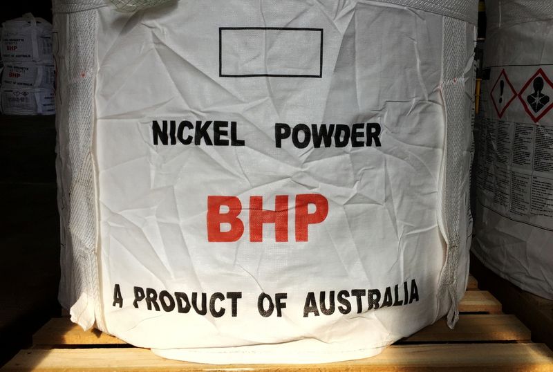 &copy; Reuters. FILE PHOTO: A tonne of nickel powder made by BHP Group sits in a warehouse at its Nickel West division, south of Perth, Australia August 2, 2019. REUTERS/Melanie Burton