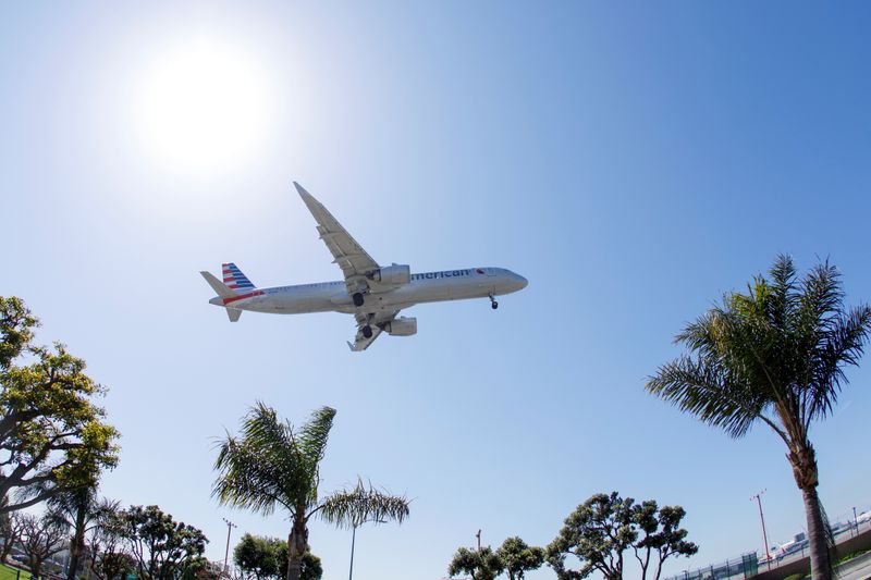 &copy; Reuters. An American Airlines passenger jet approaches to land at LAX during the outbreak of the coronavirus disease (COVID-19) in Los Angeles, California, U.S., April 7, 2021. REUTERS/Mike Blake