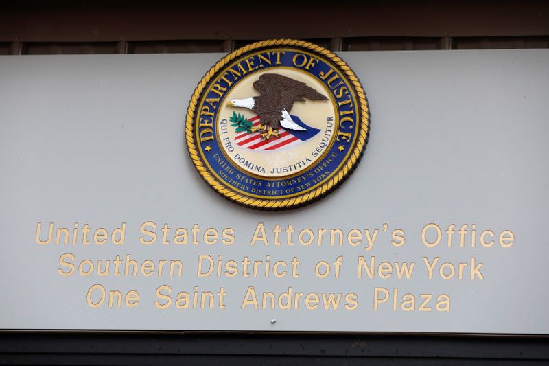 &copy; Reuters. FILE PHOTO: The seal of the United States Department of Justice is seen on the building exterior of the United States Attorney's Office of the Southern District of New York in Manhattan, New York City, U.S., August 17, 2020. REUTERS/Andrew Kelly