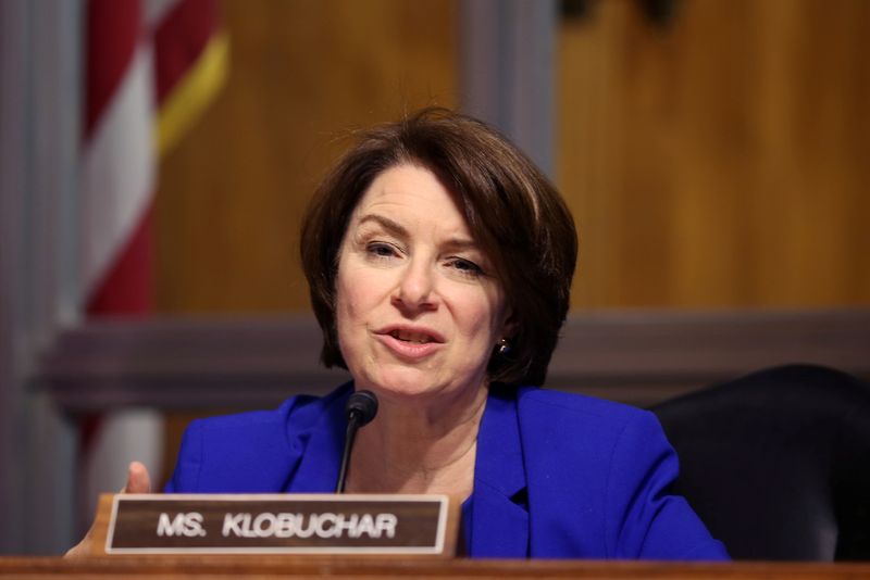 &copy; Reuters. FILE PHOTO: Sen. Amy Klobuchar, D-MN, asks questions during a hearing of the Senate Judiciary Subcommittee on Privacy, Technology, and the Law, at the U.S. Capitol in Washington DC, U.S., April 27, 2021. Tasos Katopodis/Pool via REUTERS