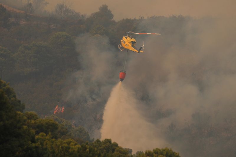 &copy; Reuters. طائرة هليكوبتر تحاول إخماد حريق غابات في إستبونا بإسبانيا يوم الخميس. تصوير: جون نازكا - رويترز. 