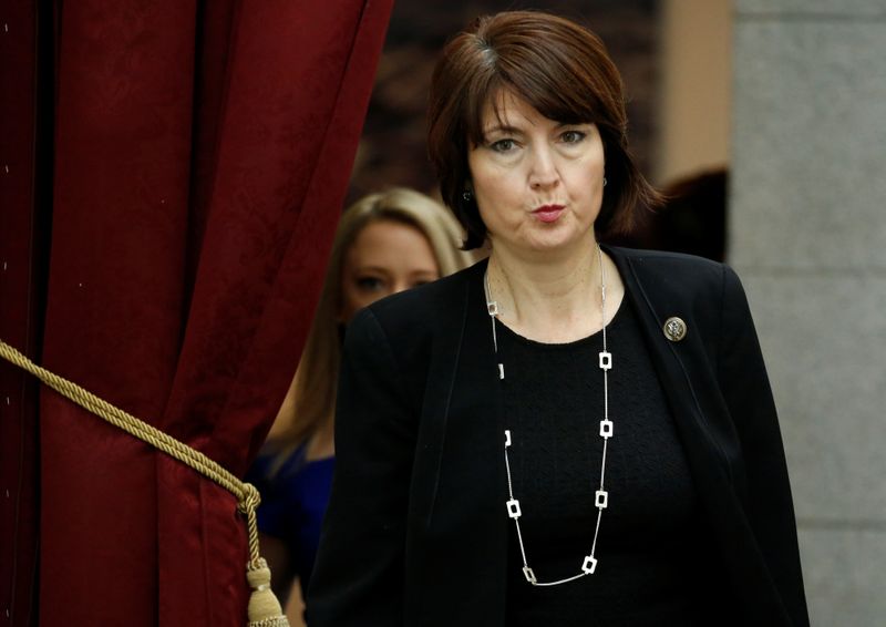 &copy; Reuters. Rep. Cathy McMorris Rodgers (R-WA) arrives for a Republican caucus meeting ahead of an expected vote in the Republican-led U.S. House of Representatives on a short-term budget measure that would avert a rerun of last month's three-day partial government s