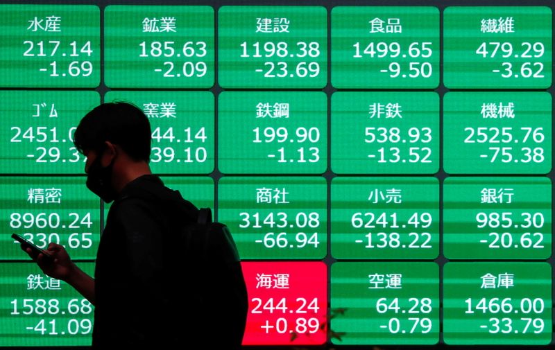 &copy; Reuters. شخص يضع كمامة ويمر أمام شاشة تعرض معلومات عن الأسهم في طوكيو وسط جائحة فيروس كورونا يوم 11 مايو أيار 2021. تصوير: إيسي كاتو - رويترز.
