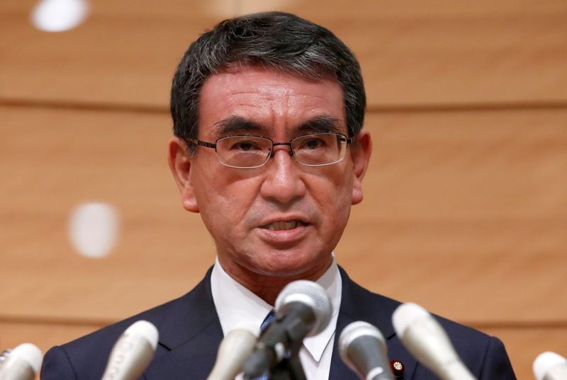&copy; Reuters. Taro Kono, Japan's vaccination programme chief and ruling Liberal Democratic Party (LDP) lawmaker, attends a news conference as he announces his candidacy for the party's presidential election in Tokyo, Japan, September 10, 2021. REUTERS/Issei Kato