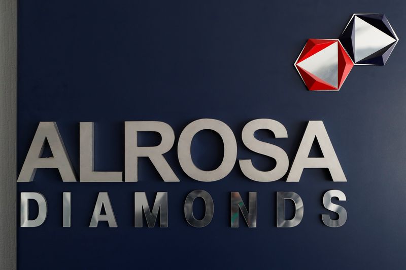 &copy; Reuters. The Alrosa logo is seen at the polishing affiliate of the Russian diamond producer in Moscow, Russia February 12, 2018. Picture taken February 12, 2018. REUTERS/Sergei Karpukhin