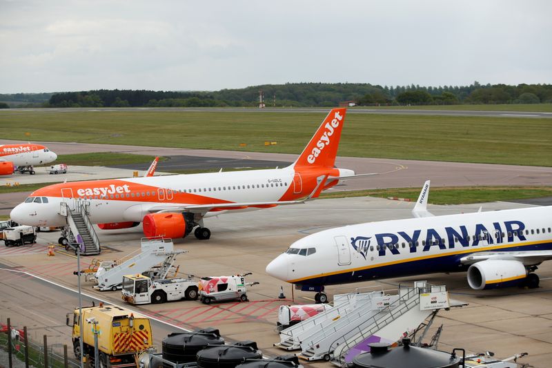 &copy; Reuters. FILE PHOTO: A Ryanair Boeing 737 and and an Easyjet Airbus A320 are seen at Luton Airport, Britain, April 26, 2020. REUTERS/Andrew Boyers/File Photo