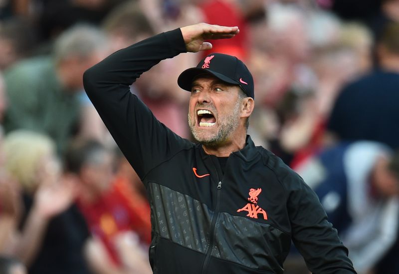 &copy; Reuters. Juergen Klopp durante partida do Liverpool contra o Chelsea pelo Campeonato Inglês
28/08/2021 REUTERS/Peter Powell 