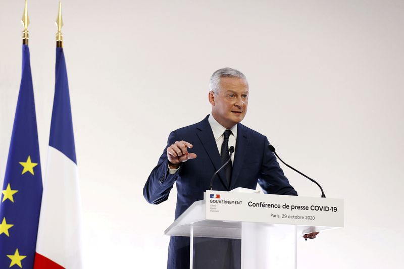 &copy; Reuters. FILE PHOTO: French Economy and Finance Minister Bruno Lemaire speaks at a news conference announcing lockdown measures to curb the spread of the coronavirus disease (COVID-19), in Paris, France October 29, 2020. Ian Langsdon/Pool via REUTERS/File Photo