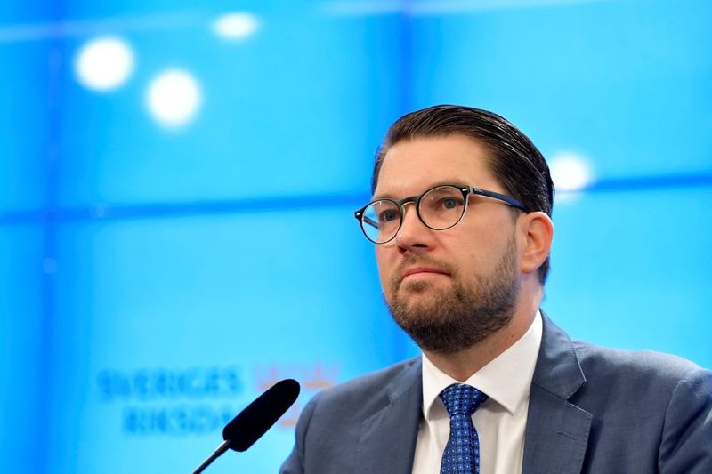 &copy; Reuters. FILE PHOTO: Sweden's Democrats Party leader Jimmie Akesson attends a news conference after meeting with Speaker of the Parliament Andreas Norlen in Stockholm, Sweden January 16, 2019. TT News Agency/Jessica Gow via REUTERS