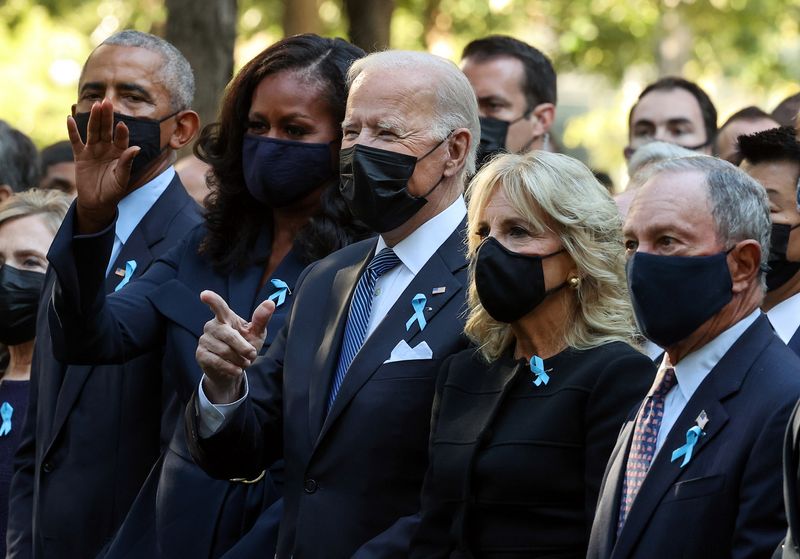 &copy; Reuters. U.S. former President Barack Obama, former First Lady Michelle Obama, President Joe Bien, First Lady Jill Biden, former New York City Mayor Michael Bloomberg attend the annual September 11 Commemoration Ceremony at the National 9/11 Memorial and Museum Se