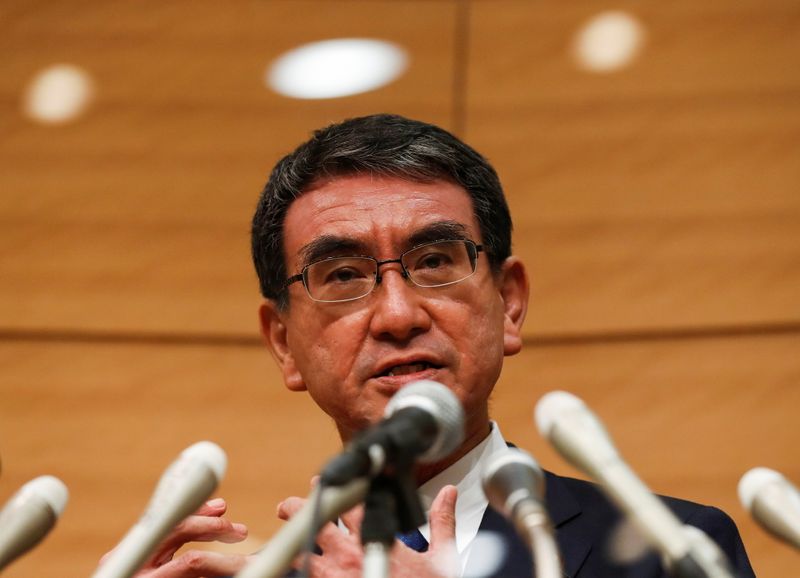 &copy; Reuters. FILE PHOTO: Taro Kono, Japan's vaccination programme chief and ruling Liberal Democratic Party (LDP) lawmaker, attends a news conference as he announces his candidacy for the party's presidential election in Tokyo, Japan, September 10, 2021. REUTERS/Issei