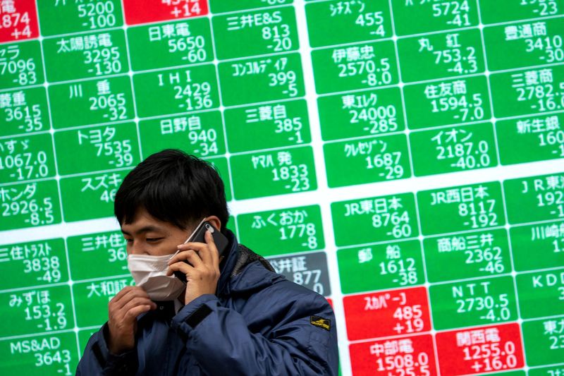 &copy; Reuters. FILE PHOTO: A man wearing a protective face mask, following an outbreak of the coronavirus, talks on his mobile phone in front of a screen showing the Nikkei index outside a brokerage in Tokyo, Japan, February 26, 2020. REUTERS/Athit Perawongmetha/File Ph